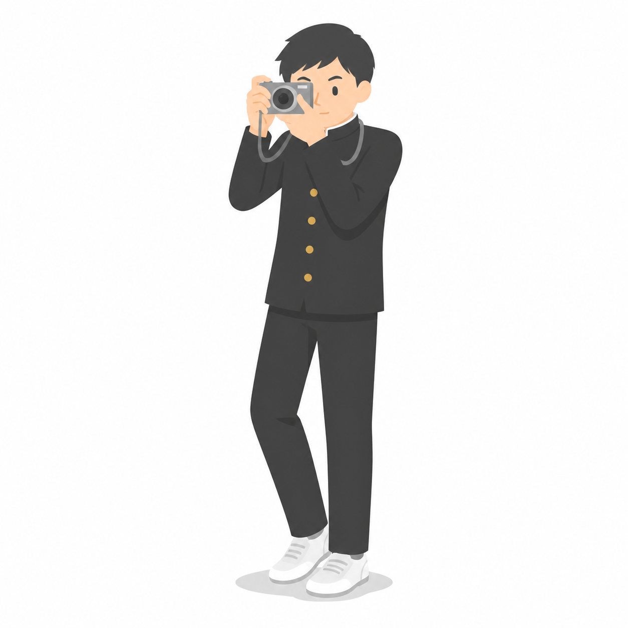 中学生・写真部・撮影する男子(学ラン)。カメラを構える男子。輪郭線なしのフラットイラスト。制服は黒学ラン×紺セーラーのシリーズ共通デザインなので、同じシリーズの素材と組み合わせても同じ学校の場面になります。
