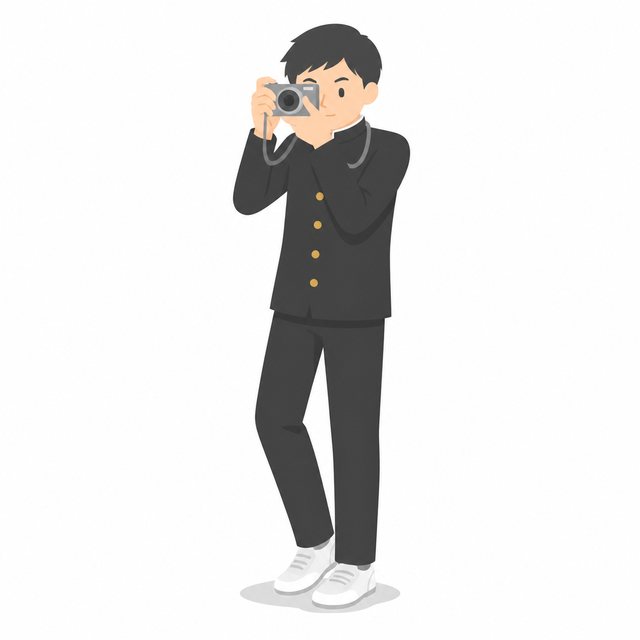 中学生・写真部・撮影する男子（学ラン）