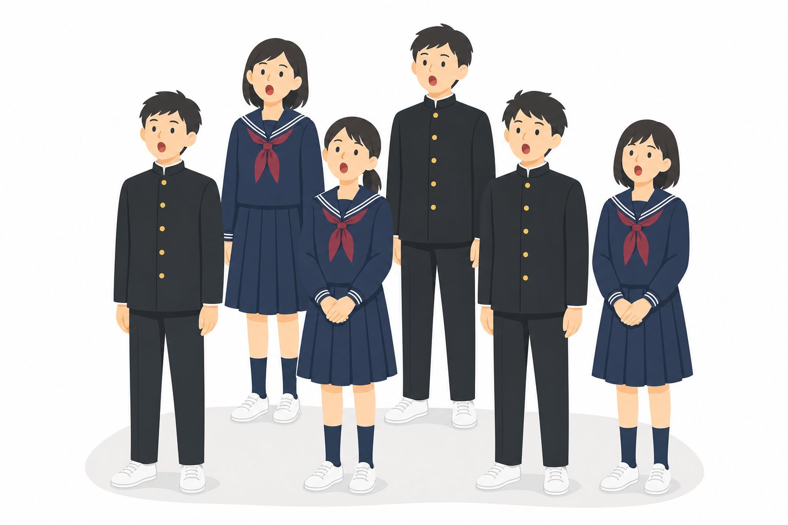 中学生・合唱する生徒たち（2列）（学ラン・セーラー服）。2列で合唱する6人。輪郭線なしのフラットイラスト。制服は黒学ラン×紺セーラーのシリーズ共通デザインなので、同じシリーズの素材と組み合わせても同じ学校の場面になります。