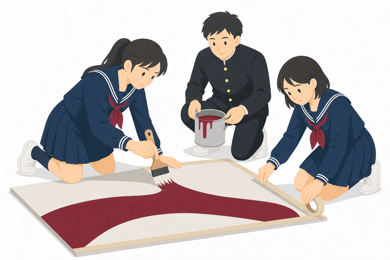 中学生・文化祭・看板づくり(学ラン・セーラー服)。看板を協力して作る3人。輪郭線なしのフラットイラスト。制服は黒学ラン×紺セーラーのシリーズ共通デザインなので、同じシリーズの素材と組み合わせても同じ学校の場面になります。