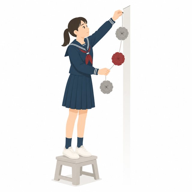中学生・文化祭・飾りつけする女子（セーラー服）