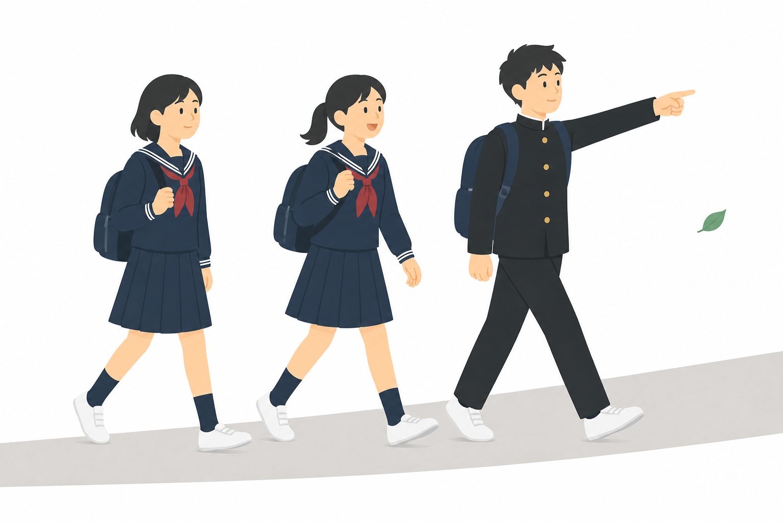中学生・遠足・歩く3人（学ラン・セーラー服）。遠足で歩く3人。輪郭線なしのフラットイラスト。制服は黒学ラン×紺セーラーのシリーズ共通デザインなので、同じシリーズの素材と組み合わせても同じ学校の場面になります。