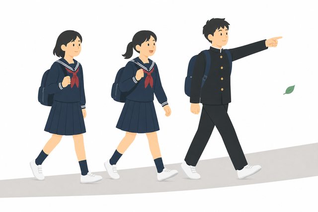 中学生・遠足・歩く3人（学ラン・セーラー服）