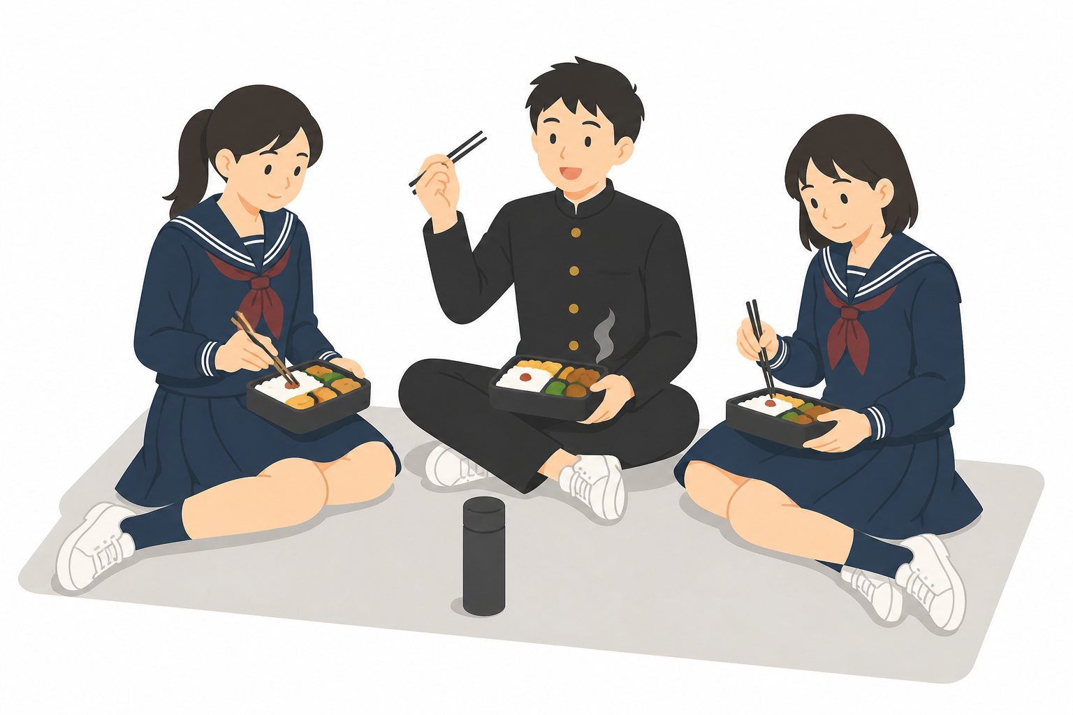 中学生・遠足・お弁当タイム（学ラン・セーラー服）。シートでお弁当を食べる3人。輪郭線なしのフラットイラスト。制服は黒学ラン×紺セーラーのシリーズ共通デザインなので、同じシリーズの素材と組み合わせても同じ学校の場面になります。