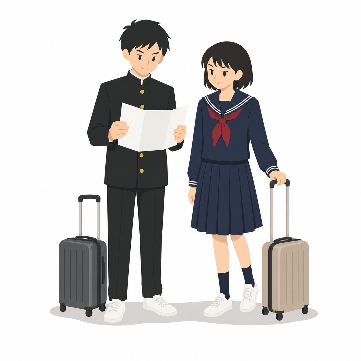 中学生・修学旅行へ出発する男女(学ラン・セーラー服)。キャリーバッグを持つ男女。輪郭線なしのフラットイラスト。制服は黒学ラン×紺セーラーのシリーズ共通デザインなので、同じシリーズの素材と組み合わせても同じ学校の場面になります。