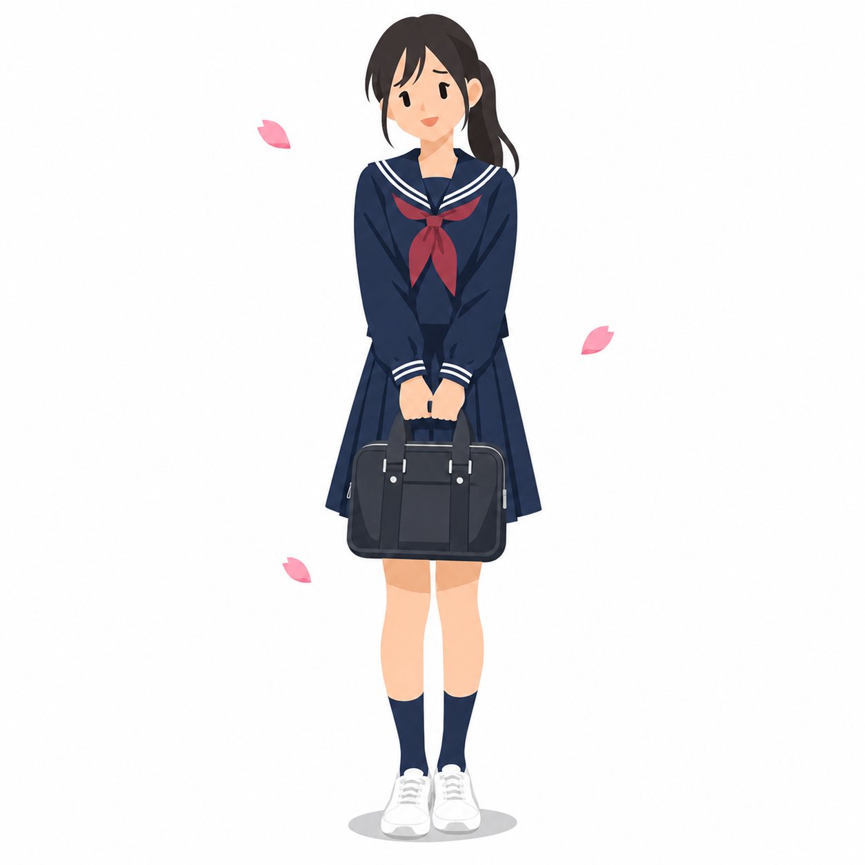 中学生・入学式の女子（桜）（セーラー服）。真新しい制服で立つ新入生。輪郭線なしのフラットイラスト。制服は黒学ラン×紺セーラーのシリーズ共通デザインなので、同じシリーズの素材と組み合わせても同じ学校の場面になります。