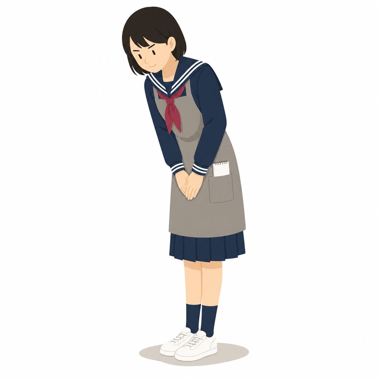 中学生・職場体験であいさつする女子（セーラー服）。職場体験のあいさつをする女子。輪郭線なしのフラットイラスト。制服は黒学ラン×紺セーラーのシリーズ共通デザインなので、同じシリーズの素材と組み合わせても同じ学校の場面になります。