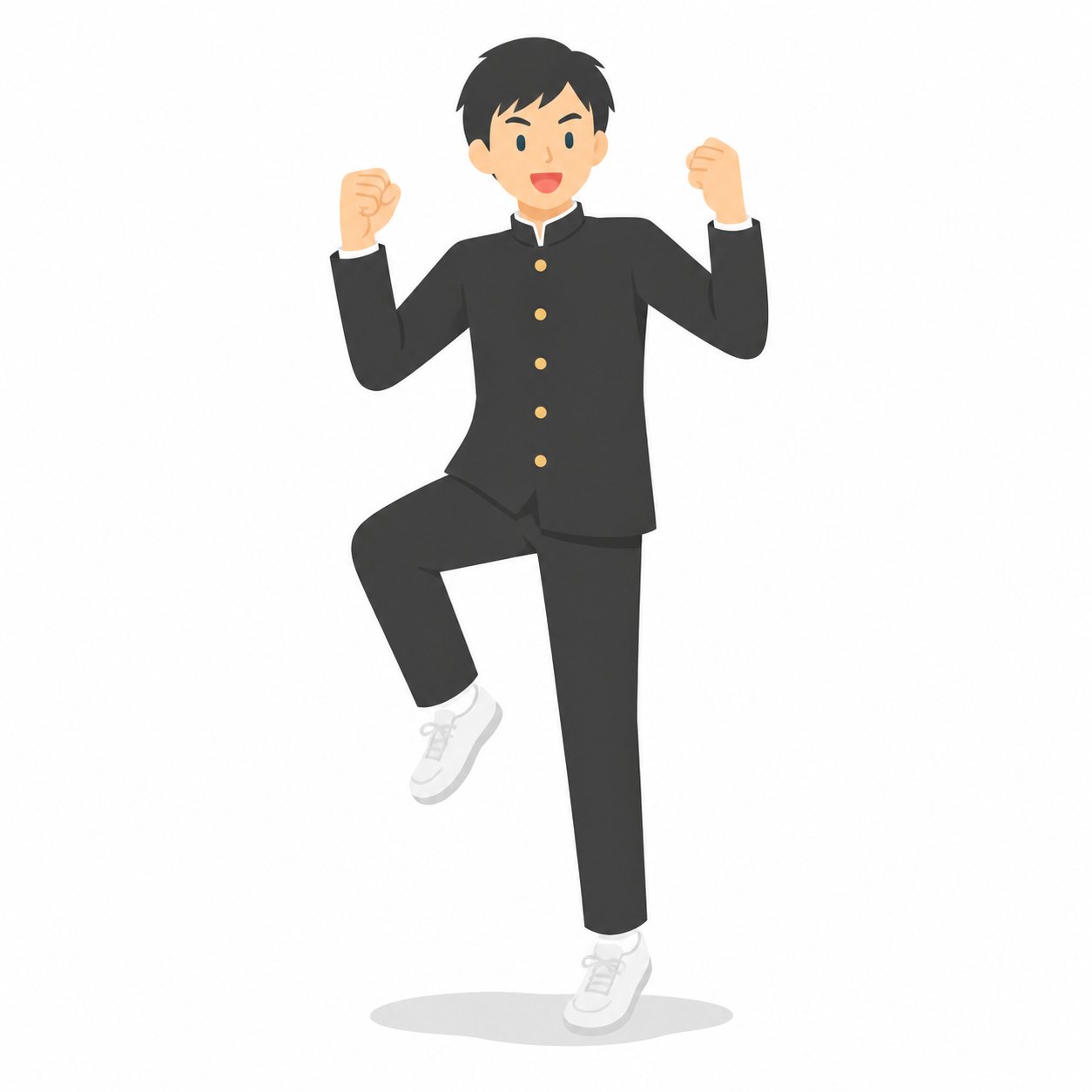 中学生・ガッツポーズの男子（学ラン）。やったー！のガッツポーズ（男子）。輪郭線なしのフラットイラスト。制服は黒学ラン×紺セーラーのシリーズ共通デザインなので、同じシリーズの素材と組み合わせても同じ学校の場面になります。