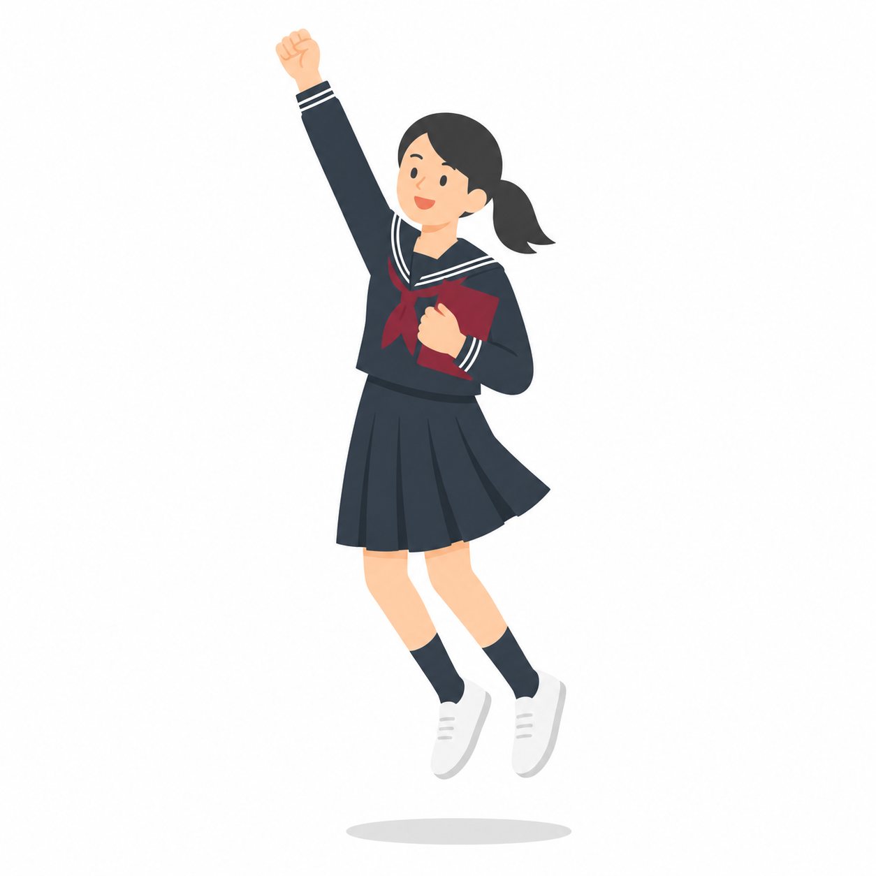 中学生・ガッツポーズの女子（セーラー服）。やったー！のガッツポーズ（女子）。輪郭線なしのフラットイラスト。制服は黒学ラン×紺セーラーのシリーズ共通デザインなので、同じシリーズの素材と組み合わせても同じ学校の場面になります。