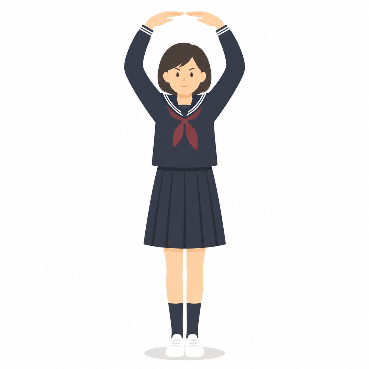 中学生・まる(OK)サインの女子(セーラー服)。腕で大きな○をつくる女子。輪郭線なしのフラットイラスト。制服は黒学ラン×紺セーラーのシリーズ共通デザインなので、同じシリーズの素材と組み合わせても同じ学校の場面になります。