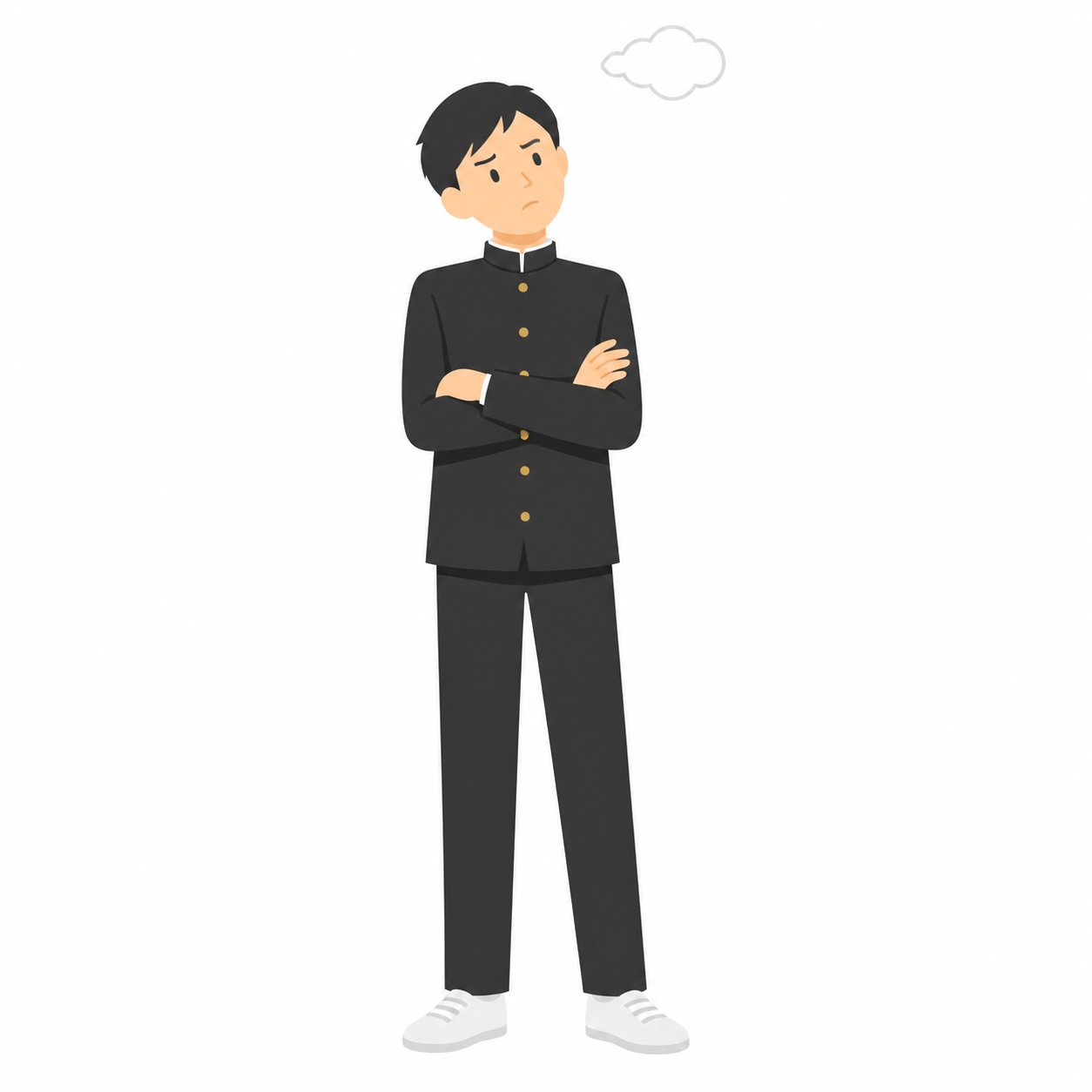 中学生・考え込む男子（学ラン）。うーんと考える男子。輪郭線なしのフラットイラスト。制服は黒学ラン×紺セーラーのシリーズ共通デザインなので、同じシリーズの素材と組み合わせても同じ学校の場面になります。