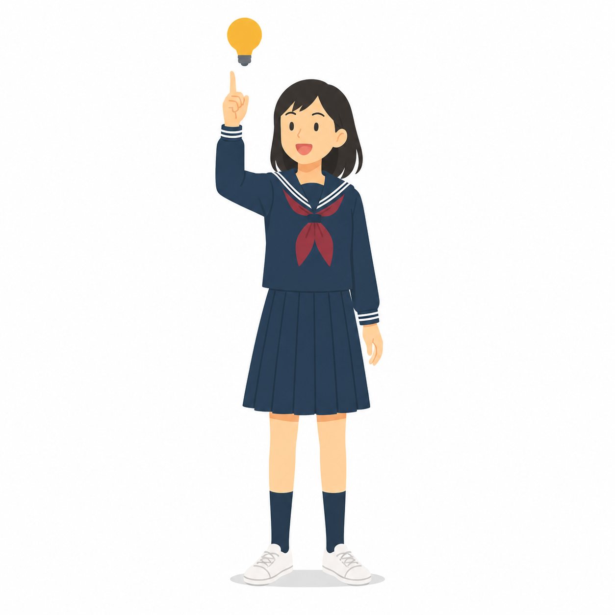 中学生・ひらめいた女子（セーラー服）。ひらめきポーズの女子。輪郭線なしのフラットイラスト。制服は黒学ラン×紺セーラーのシリーズ共通デザインなので、同じシリーズの素材と組み合わせても同じ学校の場面になります。