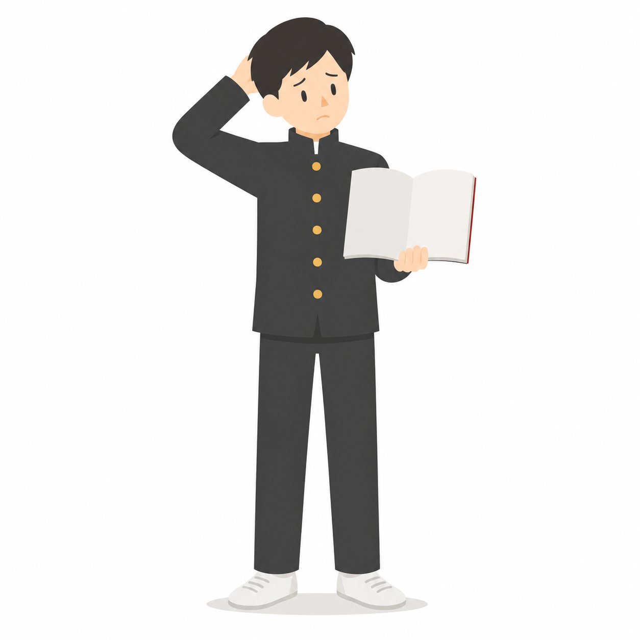 中学生・困っている男子（学ラン）。うまくいかず困る男子。輪郭線なしのフラットイラスト。制服は黒学ラン×紺セーラーのシリーズ共通デザインなので、同じシリーズの素材と組み合わせても同じ学校の場面になります。