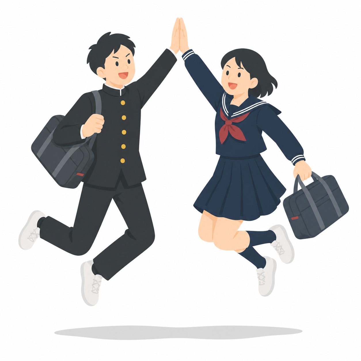 中学生・ハイタッチする男女（学ラン・セーラー服）。ハイタッチで喜ぶ男女。輪郭線なしのフラットイラスト。制服は黒学ラン×紺セーラーのシリーズ共通デザインなので、同じシリーズの素材と組み合わせても同じ学校の場面になります。