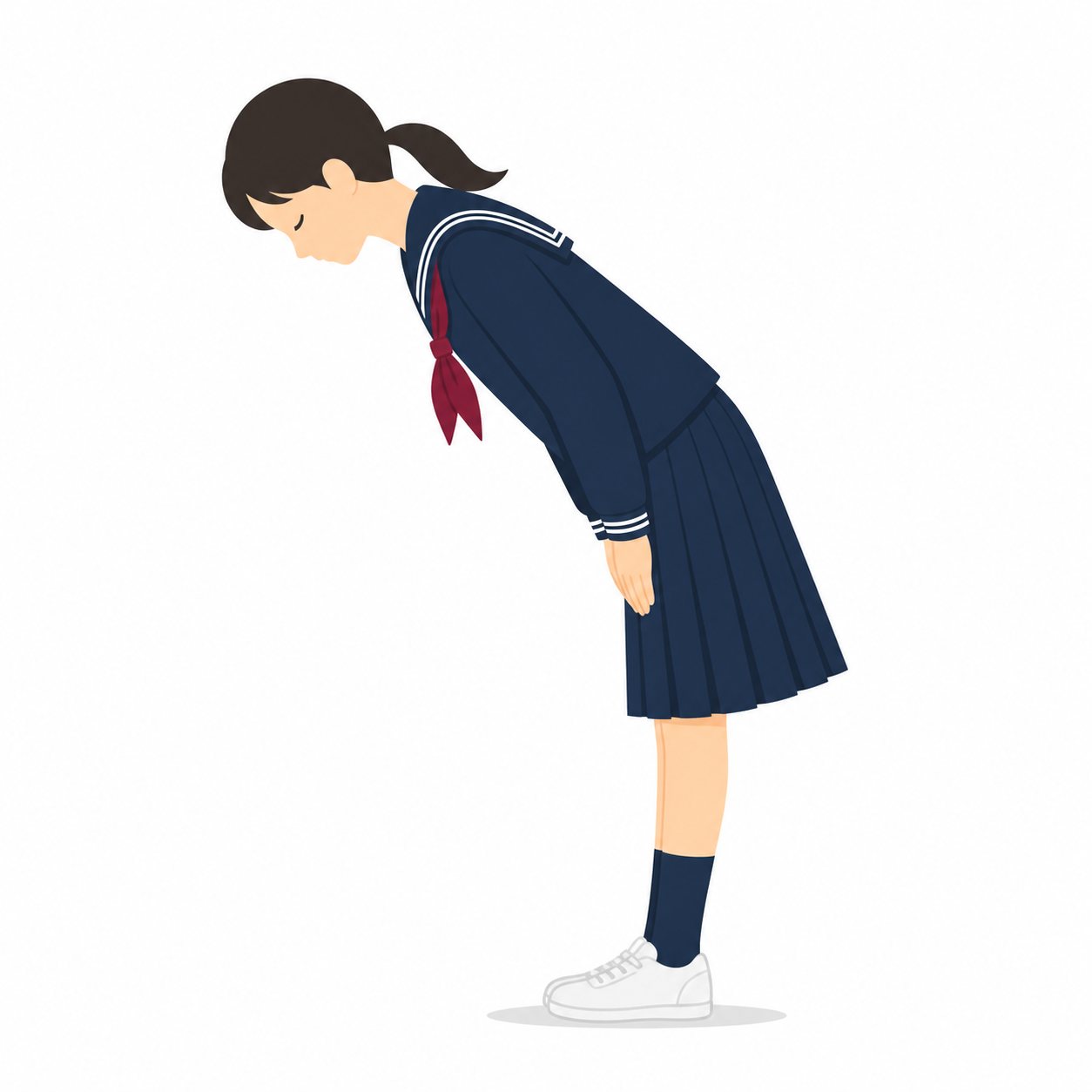 中学生・ていねいにおじぎする女子(セーラー服)。深くおじぎする女子。輪郭線なしのフラットイラスト。制服は黒学ラン×紺セーラーのシリーズ共通デザインなので、同じシリーズの素材と組み合わせても同じ学校の場面になります。