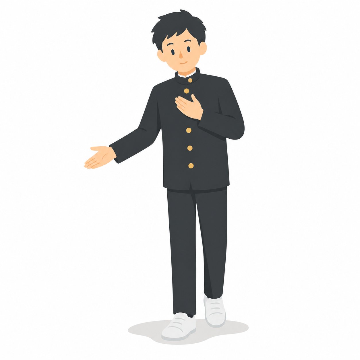 中学生・こちらへどうぞと案内する男子（学ラン）。案内のジェスチャーをする男子。輪郭線なしのフラットイラスト。制服は黒学ラン×紺セーラーのシリーズ共通デザインなので、同じシリーズの素材と組み合わせても同じ学校の場面になります。