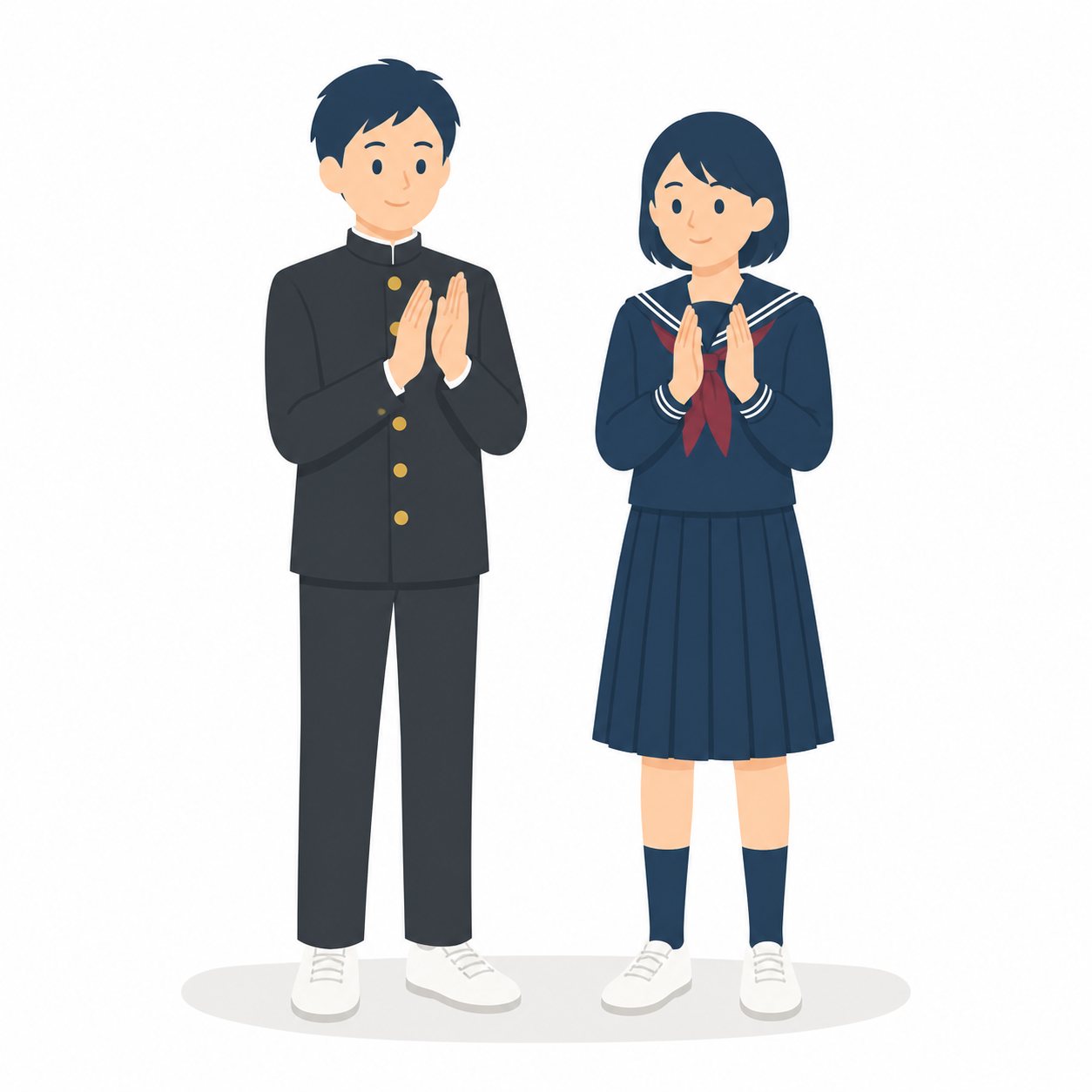中学生・拍手する男女（学ラン・セーラー服）。あたたかく拍手する男女。輪郭線なしのフラットイラスト。制服は黒学ラン×紺セーラーのシリーズ共通デザインなので、同じシリーズの素材と組み合わせても同じ学校の場面になります。