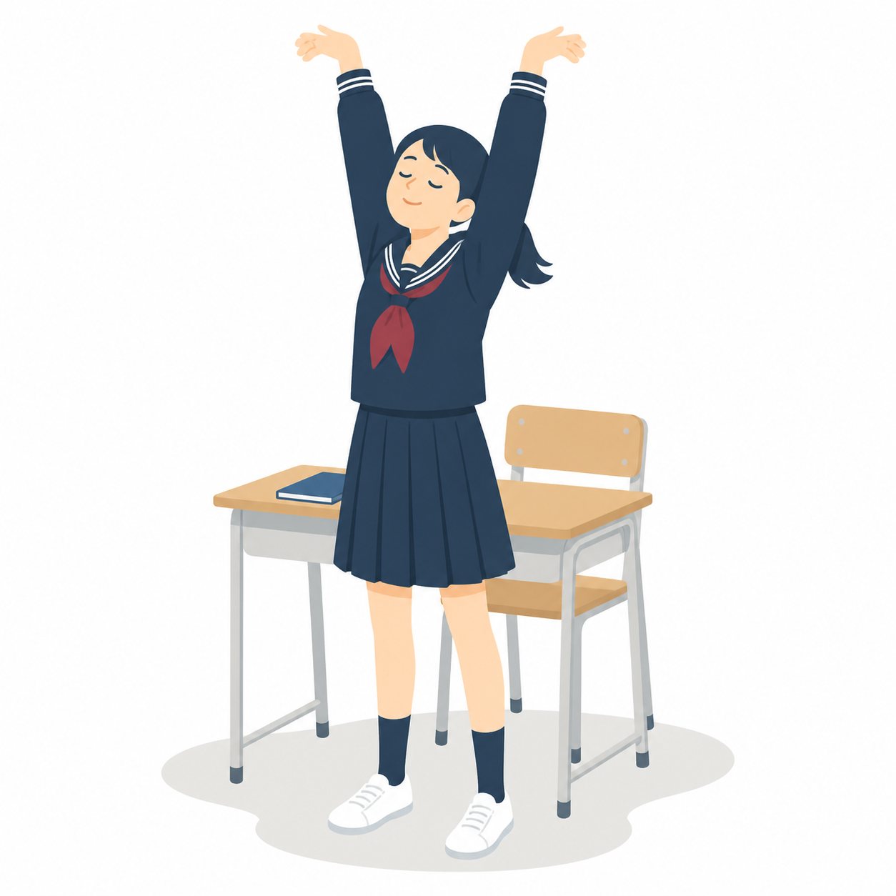 中学生・勉強のあとで伸びをする女子(セーラー服)。ぐーっと伸びをする女子。輪郭線なしのフラットイラスト。制服は黒学ラン×紺セーラーのシリーズ共通デザインなので、同じシリーズの素材と組み合わせても同じ学校の場面になります。