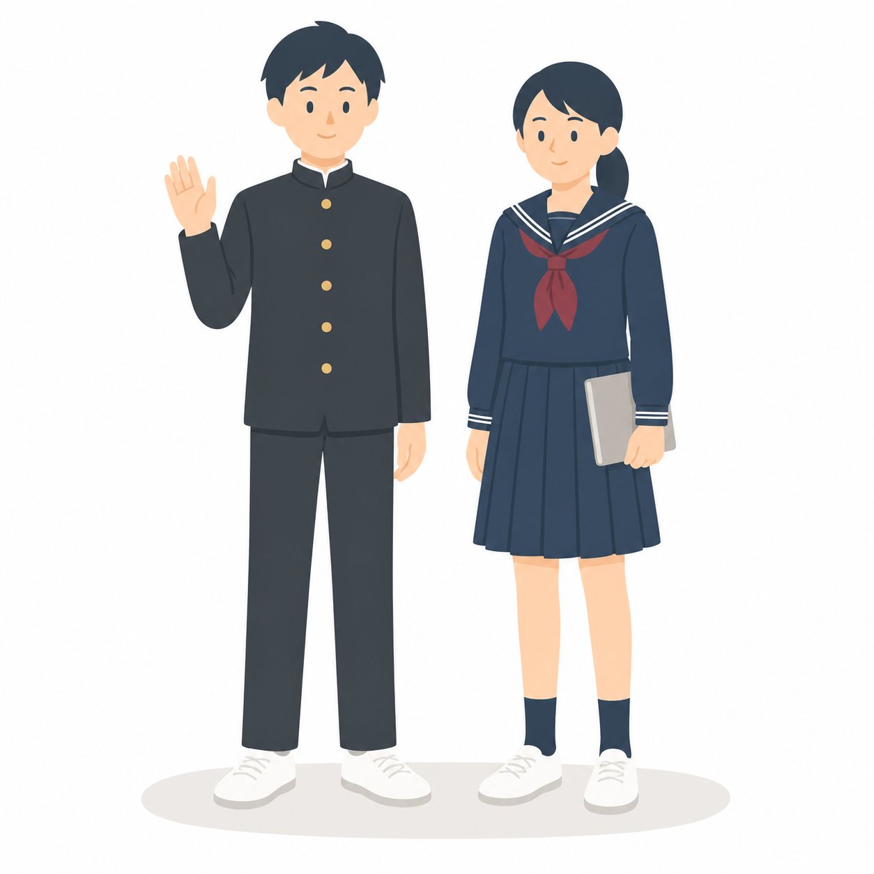 中学生・並んで立つ男女(あいさつ)(学ラン・セーラー服)。並んで立つ男女ペア。輪郭線なしのフラットイラスト。制服は黒学ラン×紺セーラーのシリーズ共通デザインなので、同じシリーズの素材と組み合わせても同じ学校の場面になります。