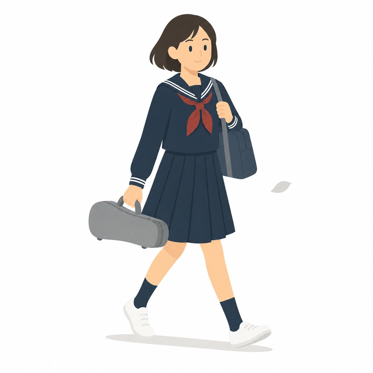 中学生・楽器ケースを運ぶ女子。楽器ケースを持って歩く女子。輪郭線なしのフラットイラスト。制服は黒学ラン×紺セーラーのシリーズ共通デザインなので、同じシリーズの素材と組み合わせても同じ学校の場面になります。