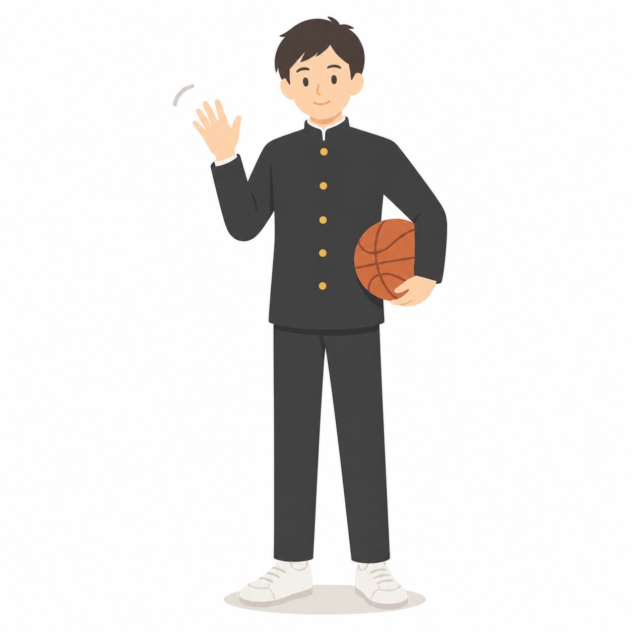 中学生・ボールを抱えて立つ男子。バスケットボールを抱えた男子。輪郭線なしのフラットイラスト。制服は黒学ラン×紺セーラーのシリーズ共通デザインなので、同じシリーズの素材と組み合わせても同じ学校の場面になります。