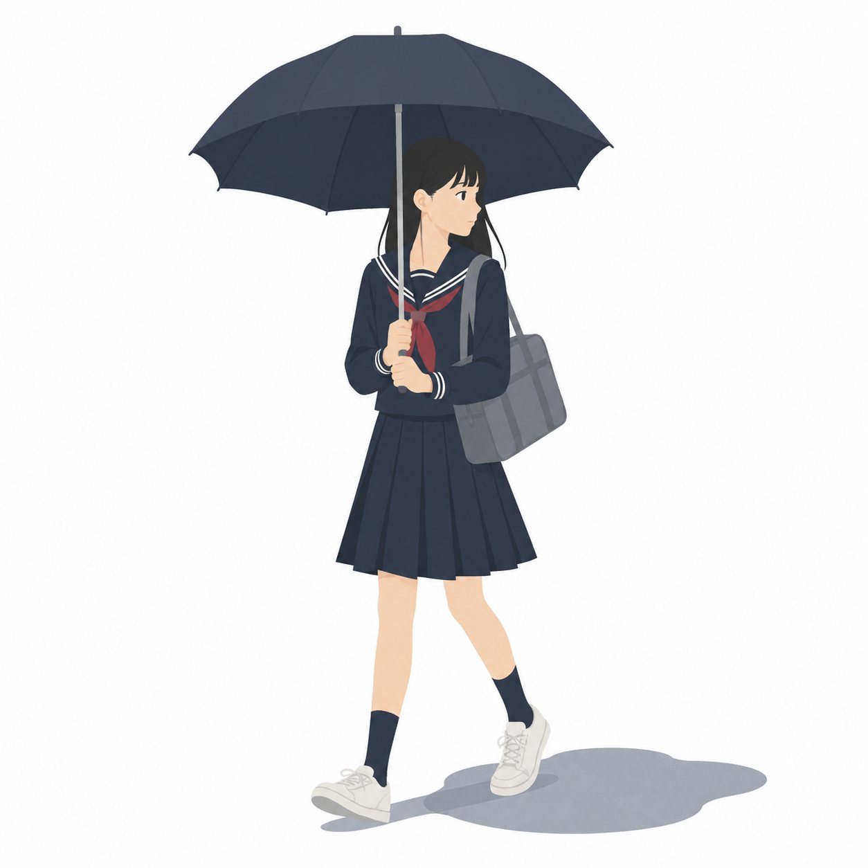 中学生・傘をさして登校する女子。雨の日に傘をさして歩く女子。輪郭線なしのフラットイラスト。制服は黒学ラン×紺セーラーのシリーズ共通デザインなので、同じシリーズの素材と組み合わせても同じ学校の場面になります。