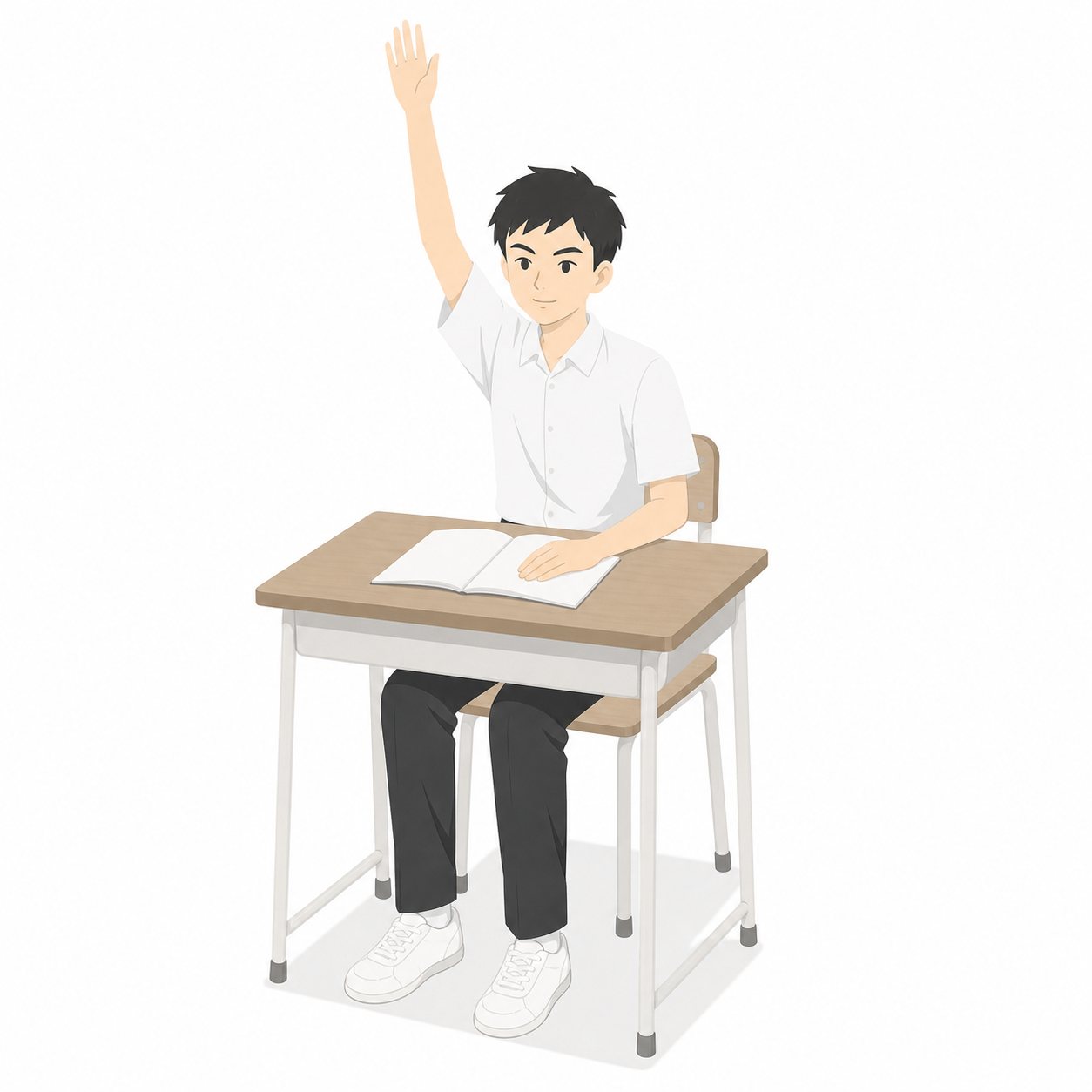中学生・夏服で挙手する男子。夏服で手を挙げる男子。輪郭線なしのフラットイラスト。制服は黒学ラン×紺セーラーのシリーズ共通デザインなので、同じシリーズの素材と組み合わせても同じ学校の場面になります。