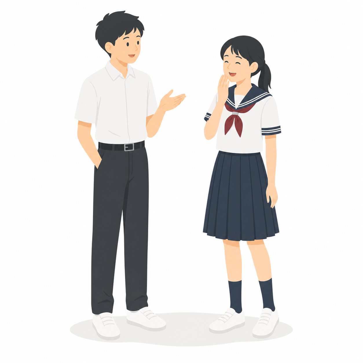 中学生・夏服で談笑する男女。夏服で楽しく話す男女。輪郭線なしのフラットイラスト。制服は黒学ラン×紺セーラーのシリーズ共通デザインなので、同じシリーズの素材と組み合わせても同じ学校の場面になります。