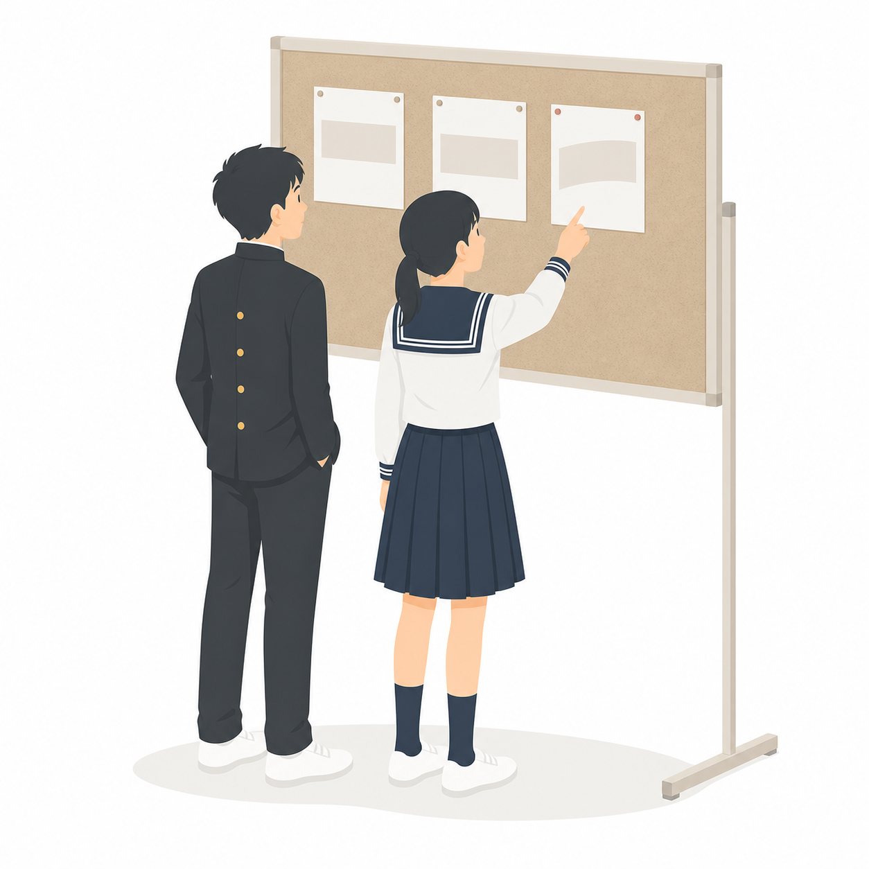 中学生・掲示板を見る男女。掲示板を見上げる男女（後ろ姿）。輪郭線なしのフラットイラスト。制服は黒学ラン×紺セーラーのシリーズ共通デザインなので、同じシリーズの素材と組み合わせても同じ学校の場面になります。