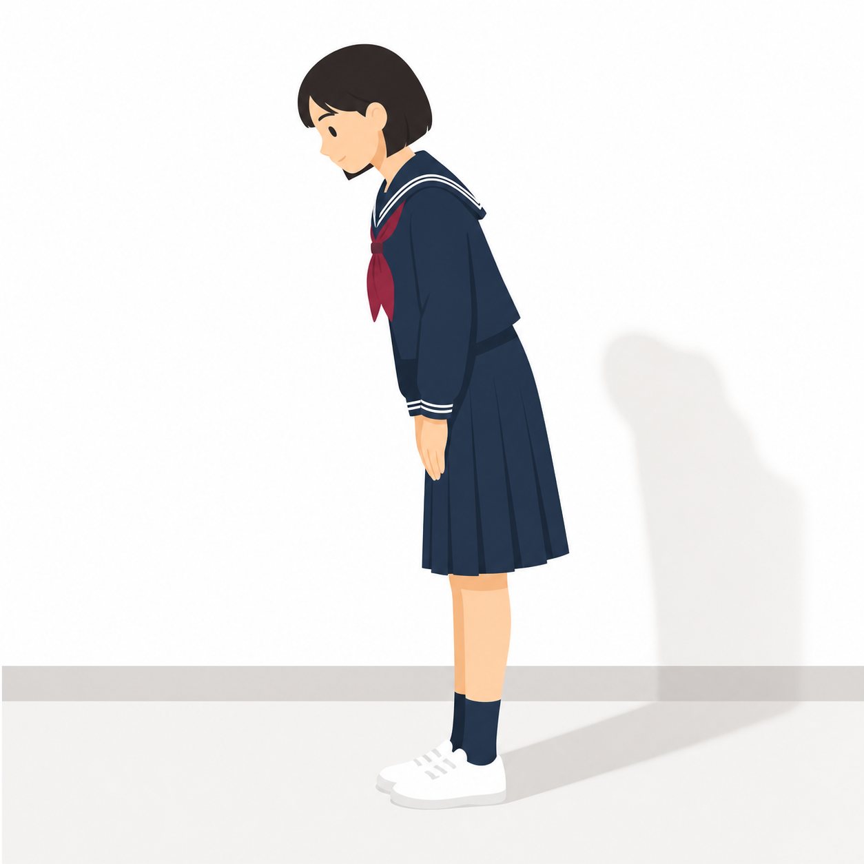 中学生・廊下で会釈する女子。ろうかで会釈する女子。輪郭線なしのフラットイラスト。制服は黒学ラン×紺セーラーのシリーズ共通デザインなので、同じシリーズの素材と組み合わせても同じ学校の場面になります。