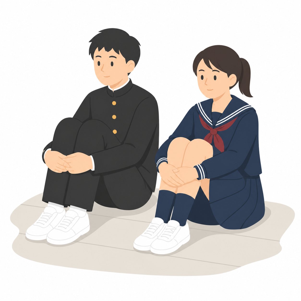 中学生・体育座りで話を聞く男女。体育館で体育座りする男女。輪郭線なしのフラットイラスト。制服は黒学ラン×紺セーラーのシリーズ共通デザインなので、同じシリーズの素材と組み合わせても同じ学校の場面になります。
