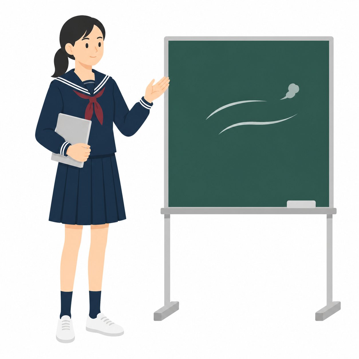 中学生・日直のスピーチをする女子。黒板の前で話す日直の女子。輪郭線なしのフラットイラスト。制服は黒学ラン×紺セーラーのシリーズ共通デザインなので、同じシリーズの素材と組み合わせても同じ学校の場面になります。