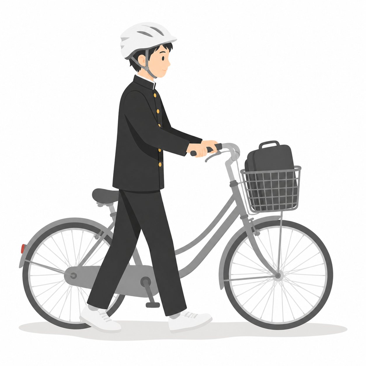 中学生・自転車を押す男子（ヘルメット）。ヘルメットをかぶって自転車を押す男子。輪郭線なしのフラットイラスト。制服は黒学ラン×紺セーラーのシリーズ共通デザインなので、同じシリーズの素材と組み合わせても同じ学校の場面になります。