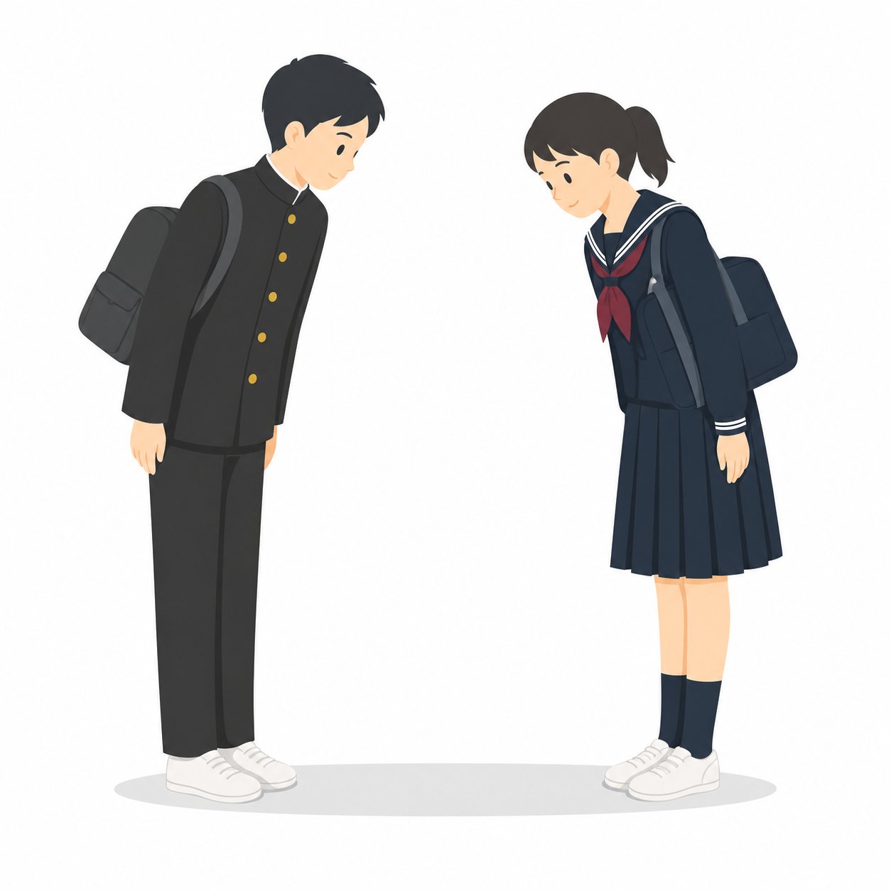 中学生・朝のあいさつをかわす男女。おはようのあいさつをする男女。輪郭線なしのフラットイラスト。制服は黒学ラン×紺セーラーのシリーズ共通デザインなので、同じシリーズの素材と組み合わせても同じ学校の場面になります。