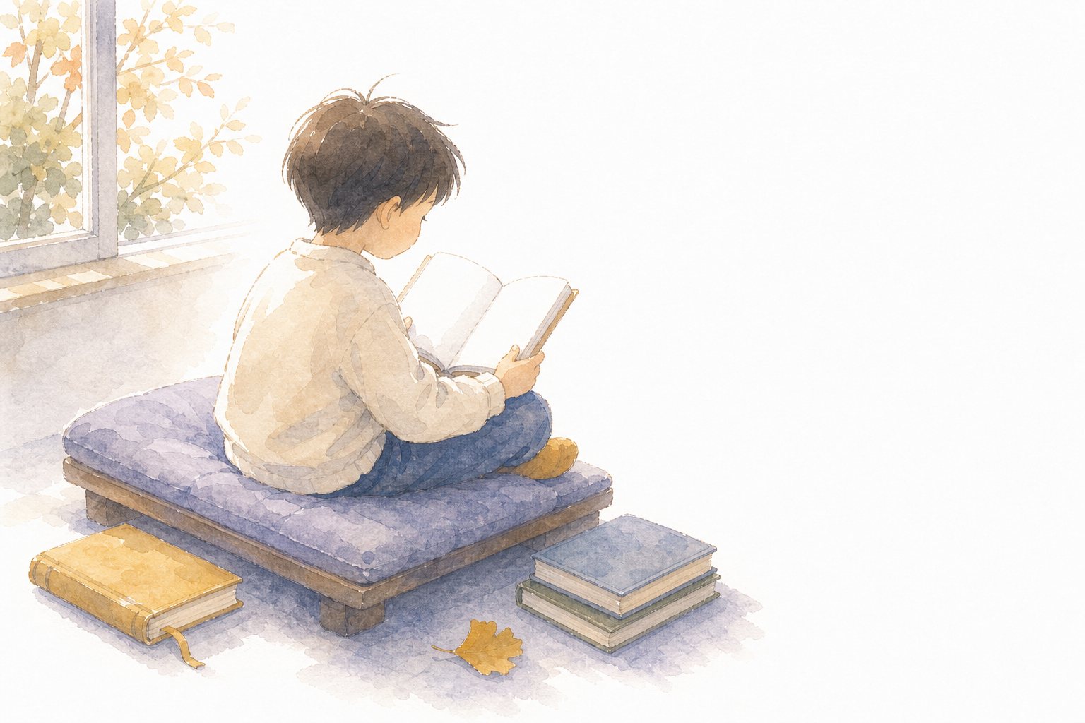 読書の秋。窓辺で本を読む子どもの水彩画。