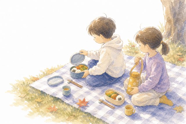 遠足でお弁当を食べる子どもたちのイラスト
