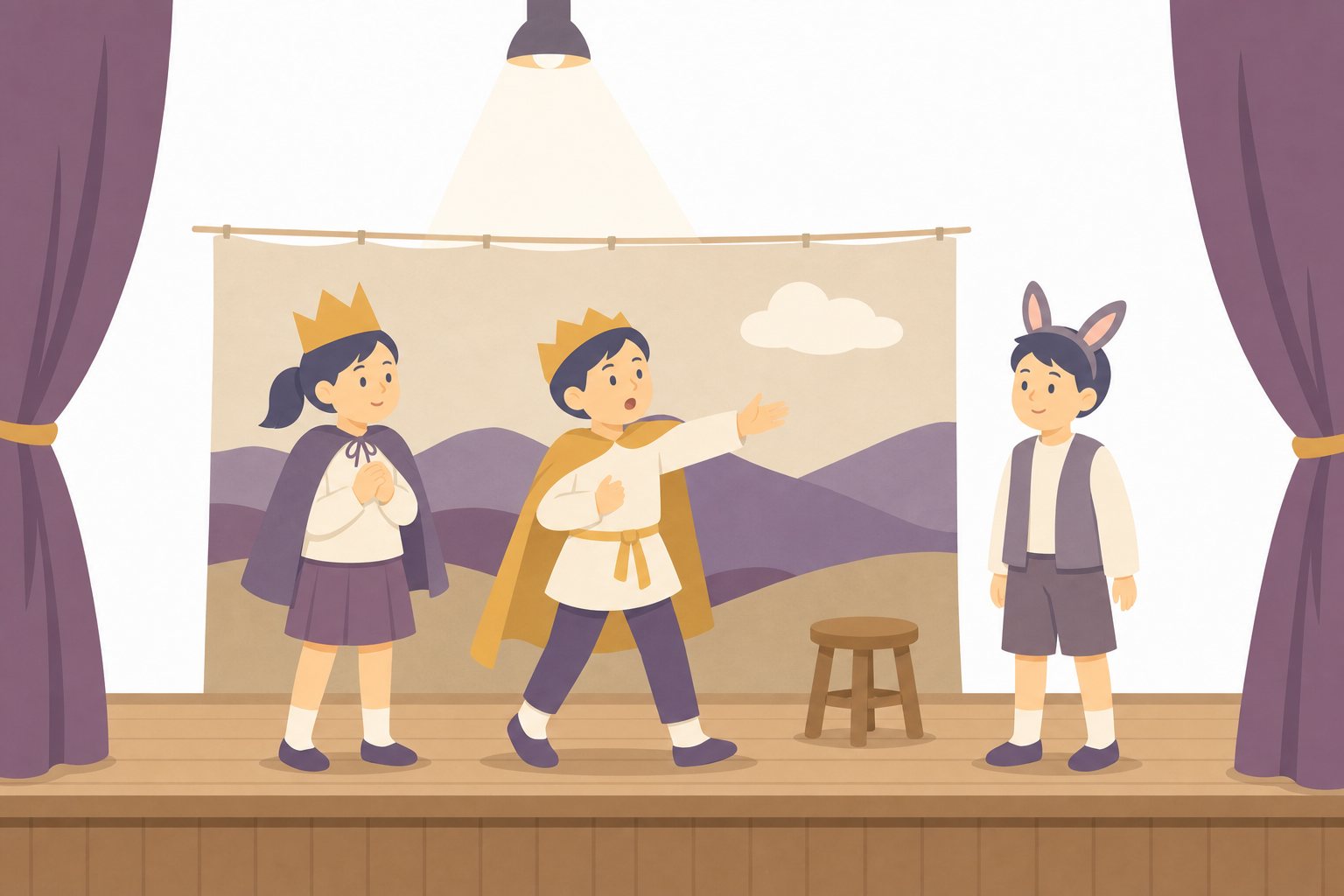 学習発表会の劇。手作り衣装で舞台に立つ子どもたちの劇のフラットイラスト。
