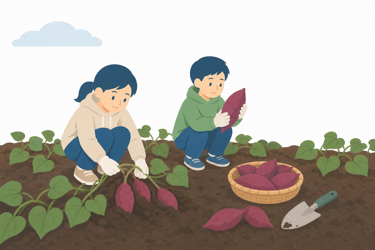 芋掘り。さつまいもを掘る子どもたちのフラットイラスト。