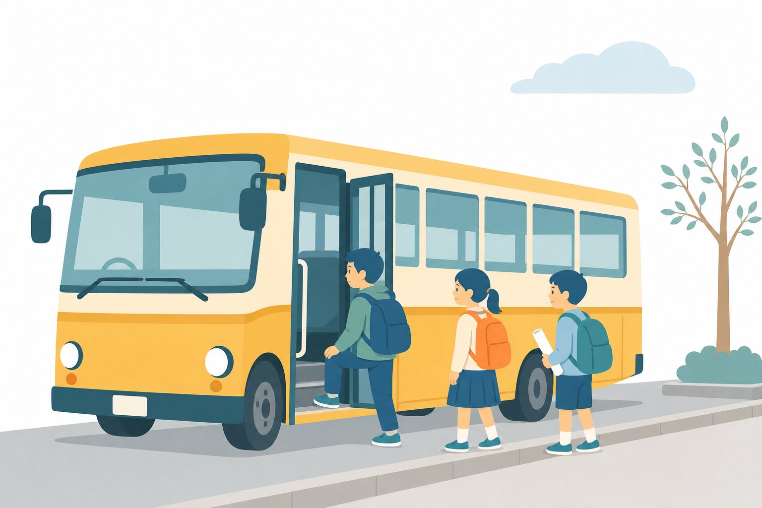 社会科見学のバス。見学バスに乗り込む子どもたちのフラットイラスト。