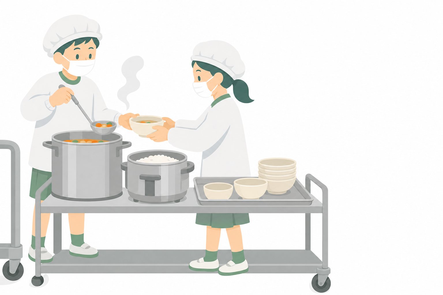 給食当番。白衣で給食を配膳する当番の子どもたちのフラットイラスト。