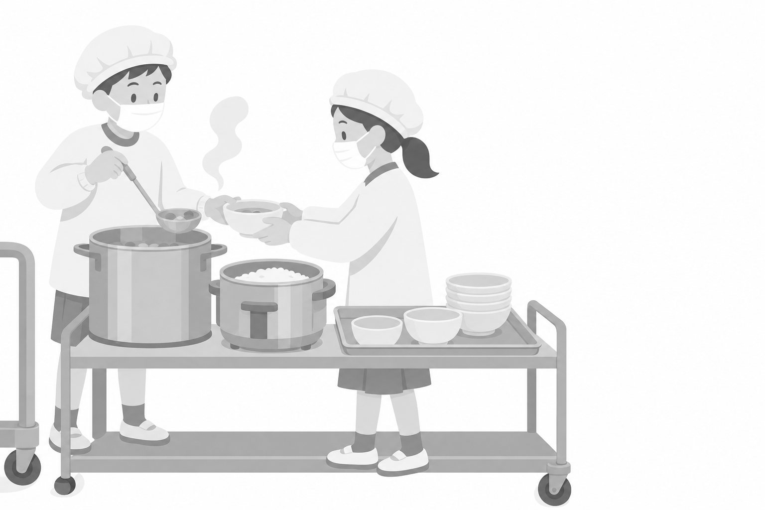 給食当番のイラスト（モノクロ）