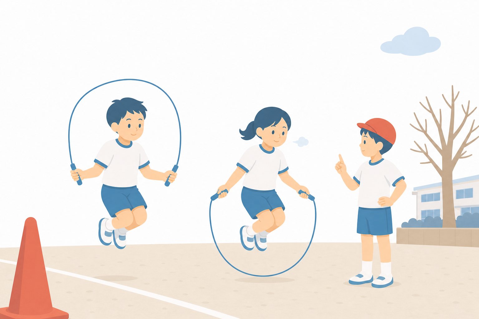 なわとび。なわとびをする子どもたちのフラットイラスト。