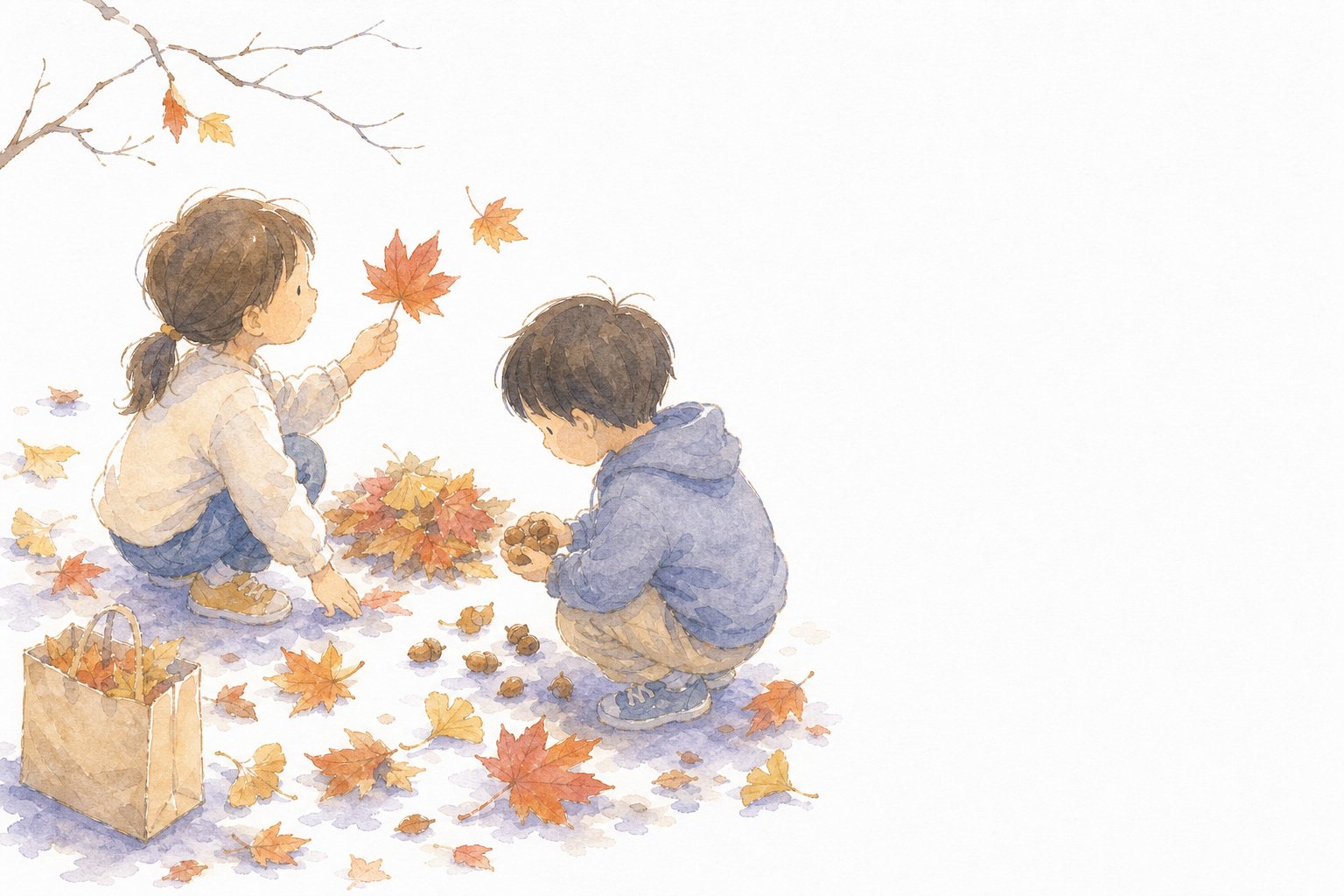 落ち葉ひろい。落ち葉やどんぐりを拾う子どもたちの水彩画。