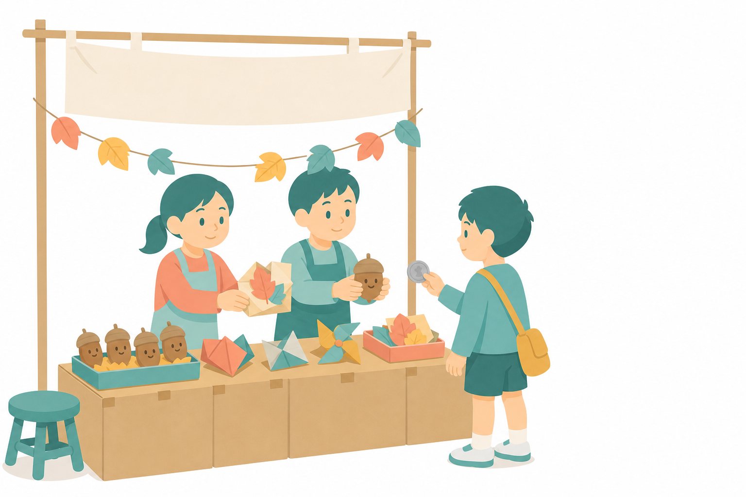 お店屋さんごっこ(秋祭り)。手作りのお店で品物をやりとりする子どもたちのフラットイラスト。