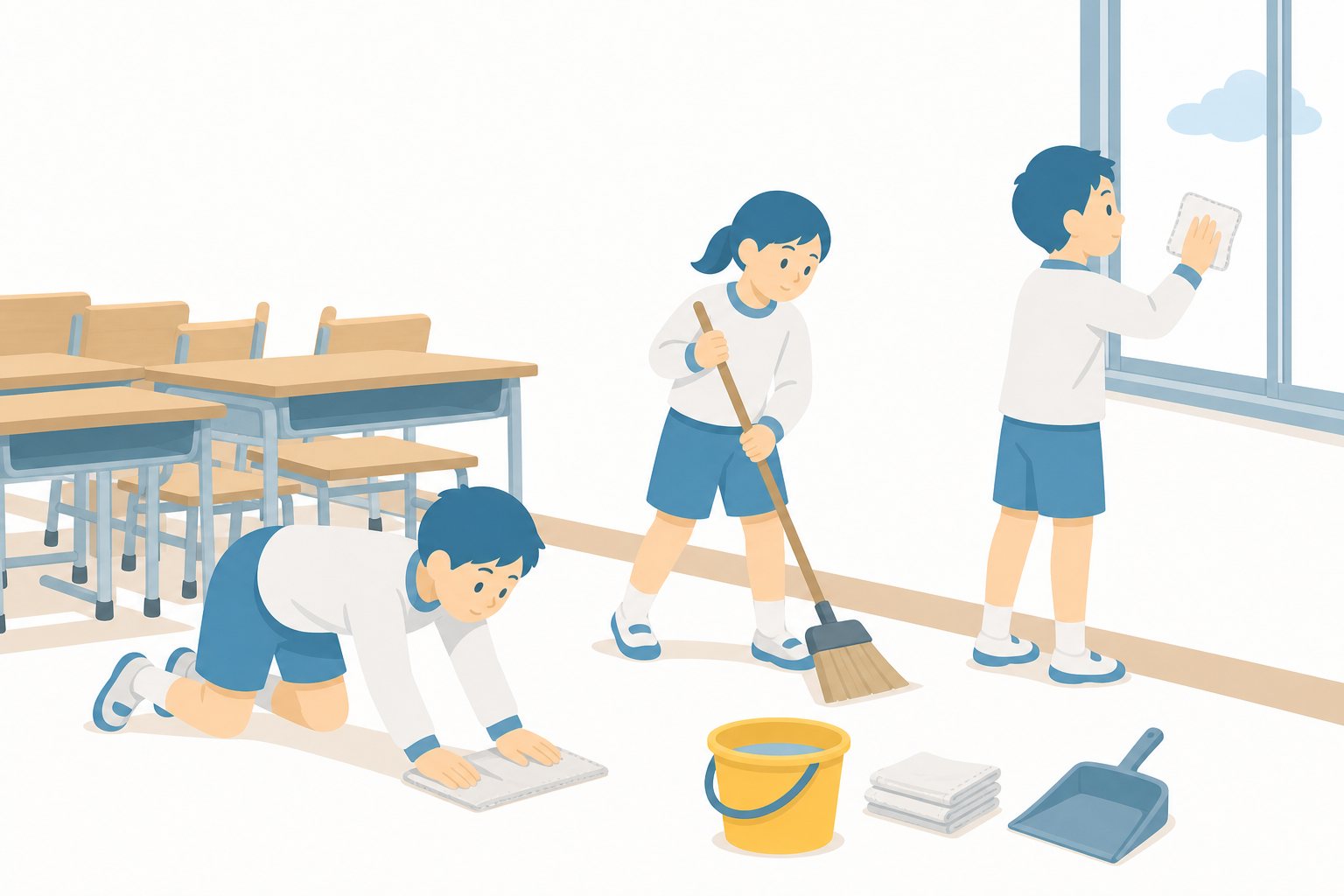 大掃除。教室を雑巾がけ・ほうき・窓ふきで掃除する子どもたちのフラットイラスト。
