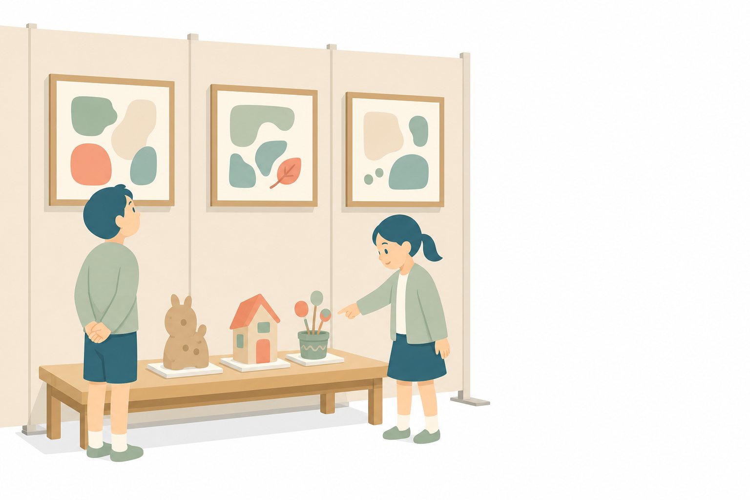 図工の作品展。絵と工作を鑑賞する子どもたちの作品展のフラットイラスト。