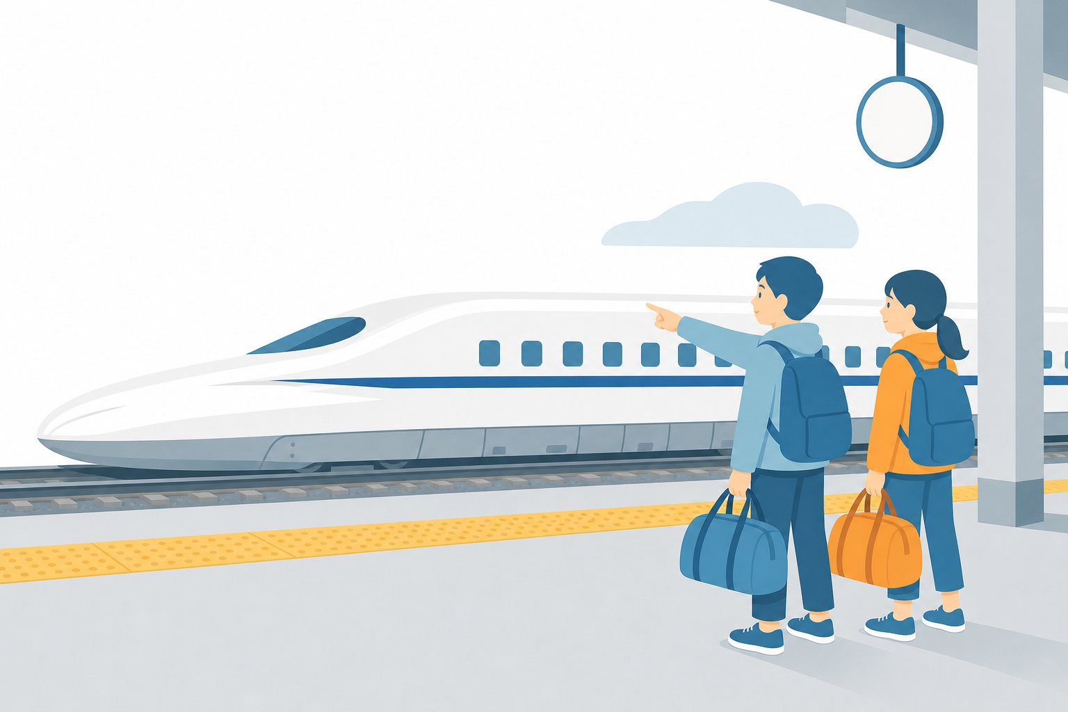 修学旅行(新幹線とボストンバッグ)。ボストンバッグを持ってホームで新幹線を待つ子どもたちのフラットイラスト。