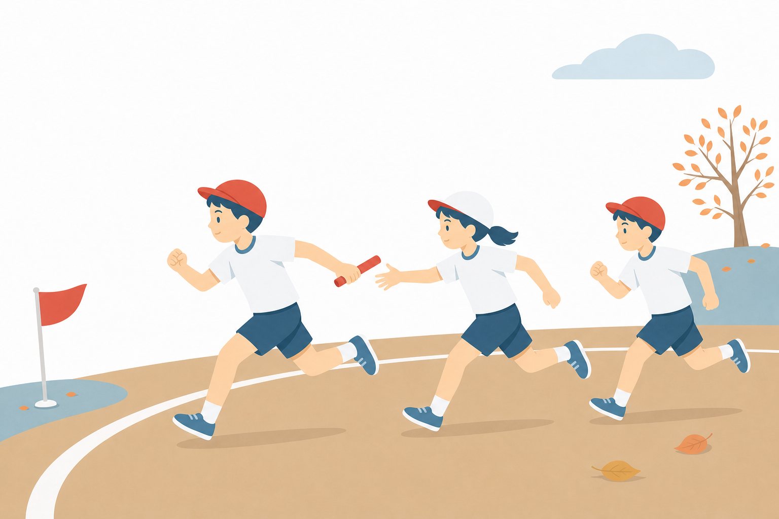 運動会のリレー。バトンをつなぐ子どもたちのリレーのフラットイラスト。