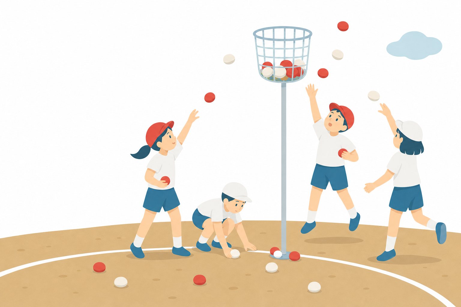 運動会の玉入れ。かごをめがけて紅白の玉を投げる子どもたちのフラットイラスト。