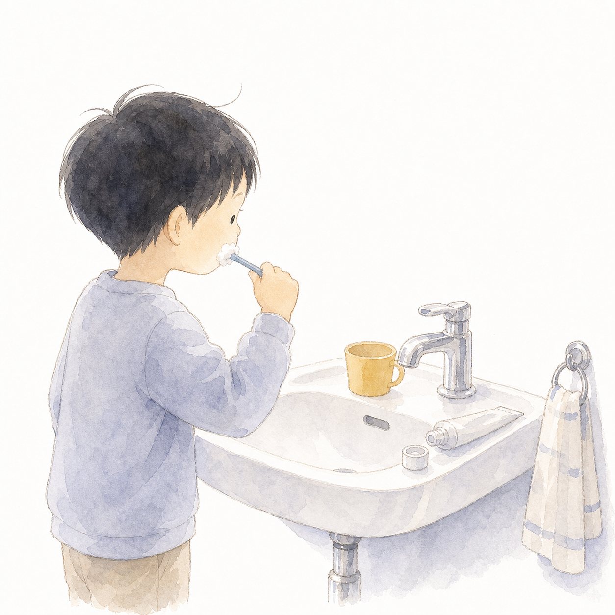 歯みがき(水彩)。洗面台で歯をみがく子ども。コップと歯みがき粉つき。